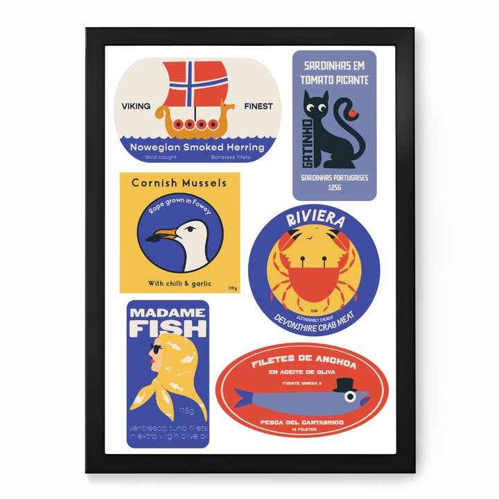 Retro Mixed Tinned Fish Art Print for wholesale by Little Egret Design