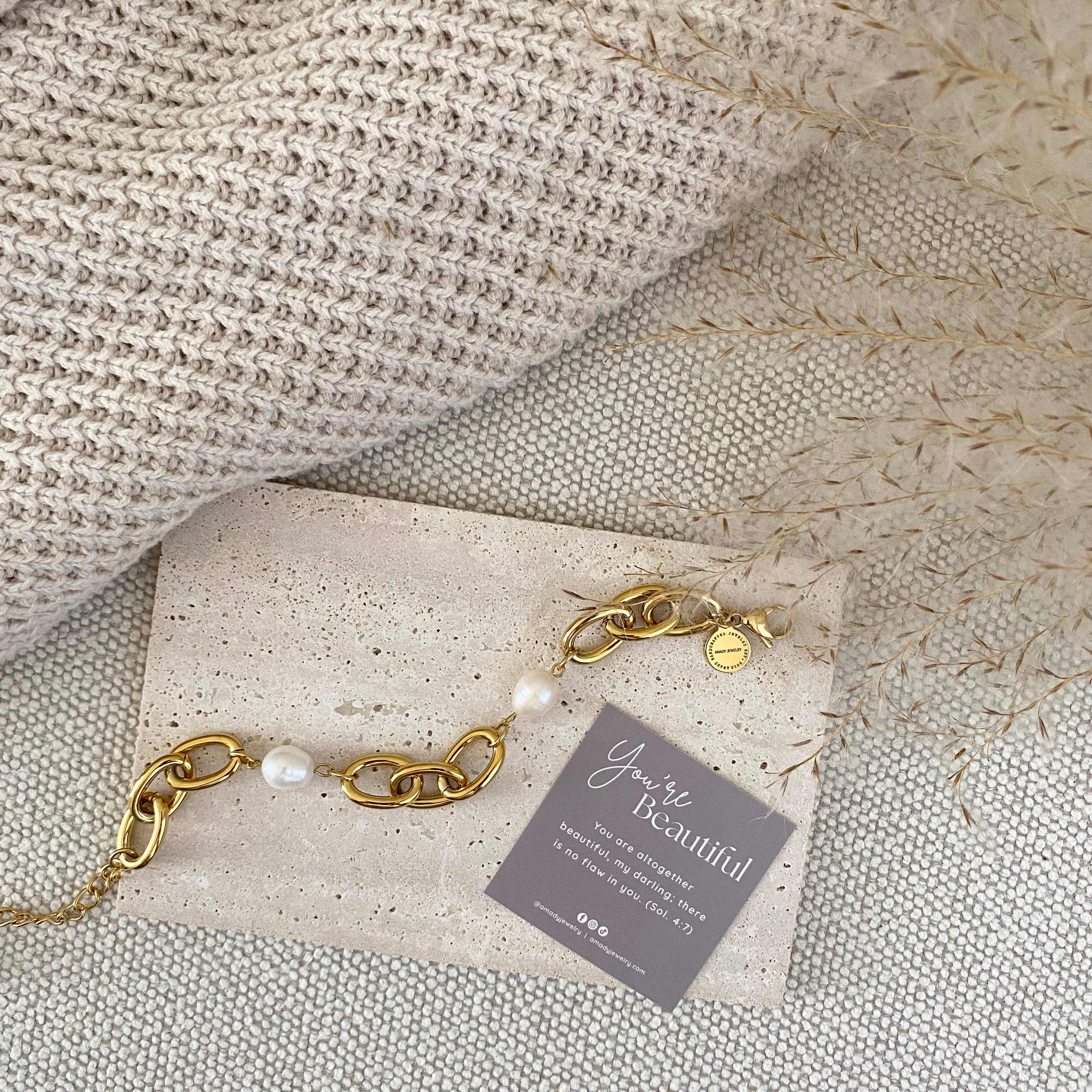 Amady Jewelry - Wholesale Link & Chain Bracelet - Oval chain big pearl bracelet 18k gold plated stainless stee6
