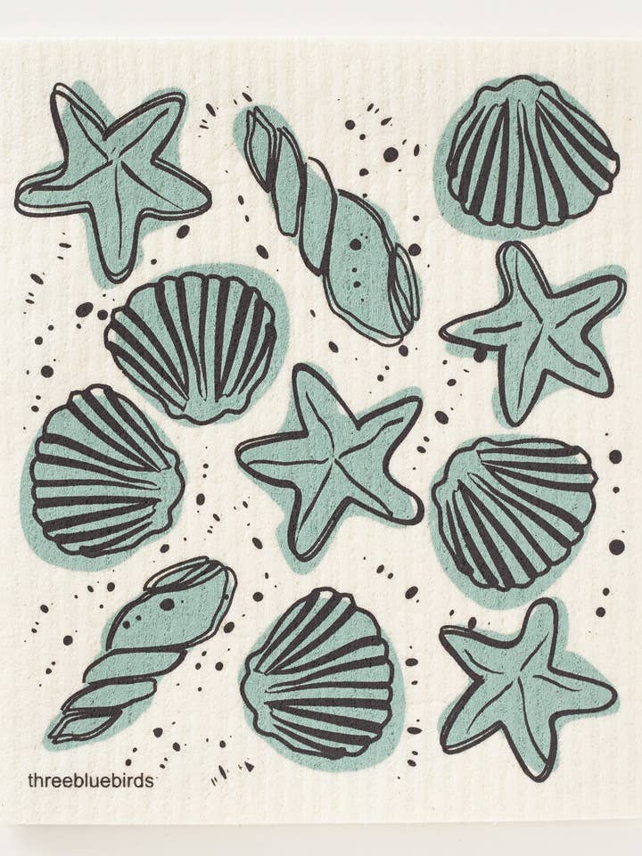 Seashells on White Swedish Dishcloth for wholesale by Three Bluebirds Swedish Dishcloths