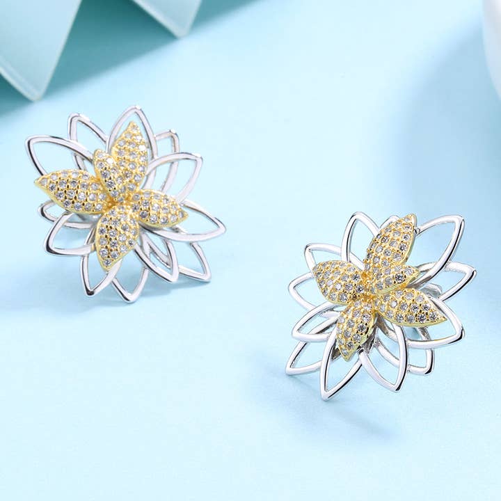 Amy and Annette - Wholesale Stud/Post Earrings - Lotus Flower Two Tone Earring Studs with Swarovski Crystals
