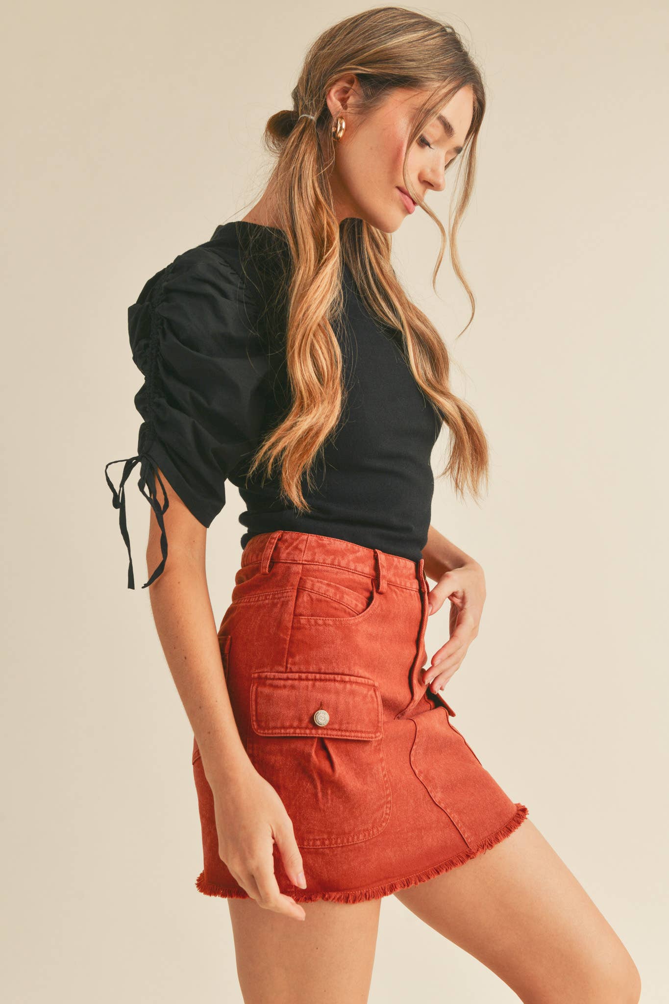 &MERCI - Wholesale Knit Top - Women's - RUCHED SLEEVE MIXED MEDIA TOP MSW246414