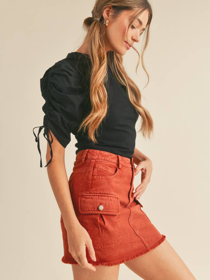 &MERCI - Wholesale Knit Top - Women's - RUCHED SLEEVE MIXED MEDIA TOP MSW246414