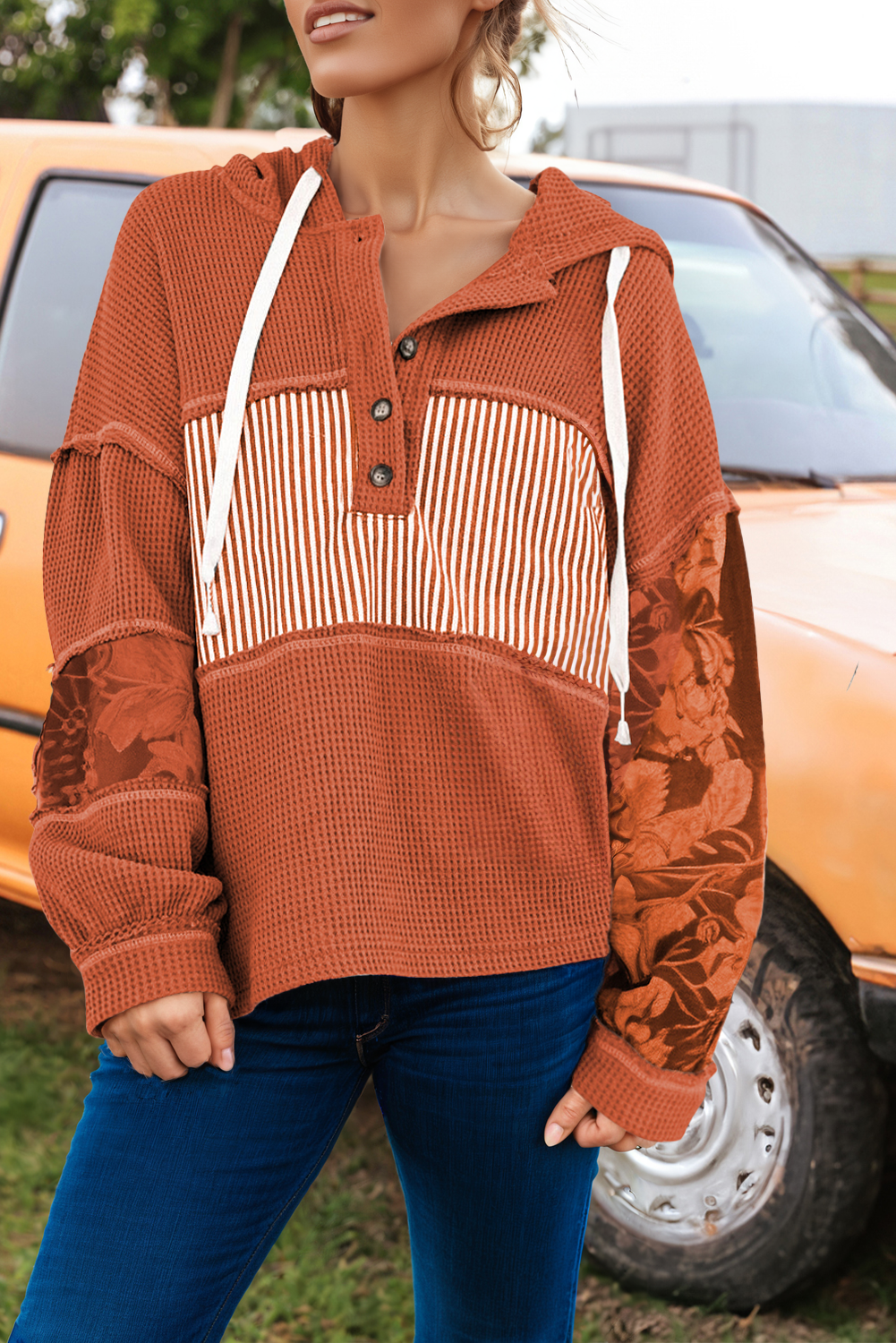 fashionworks - Vente Sweat à capuche – femme - Haut à manches longues à capuche avec cordon de serrage et motif de gaufre d'automne2