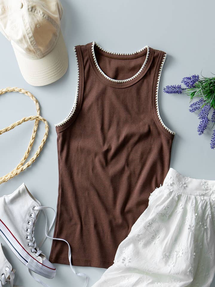 Urban Daizy - Wholesale Tank Top - Women's - Contrast Trim Ribbed Minimalist Statement Tank Top