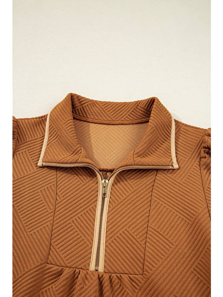 Desert Gold Textured Quarter Zip Collar 3/4 Sleeve Mini Dress for wholesale on Faire5