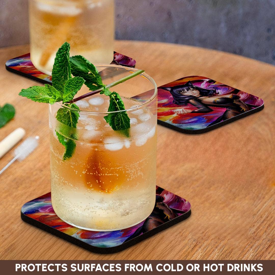 3dRose - Wholesale Coasters - 3dRose, Cat Woman. Charming brunette, black cat girl. The goddess of luck, Coaster9