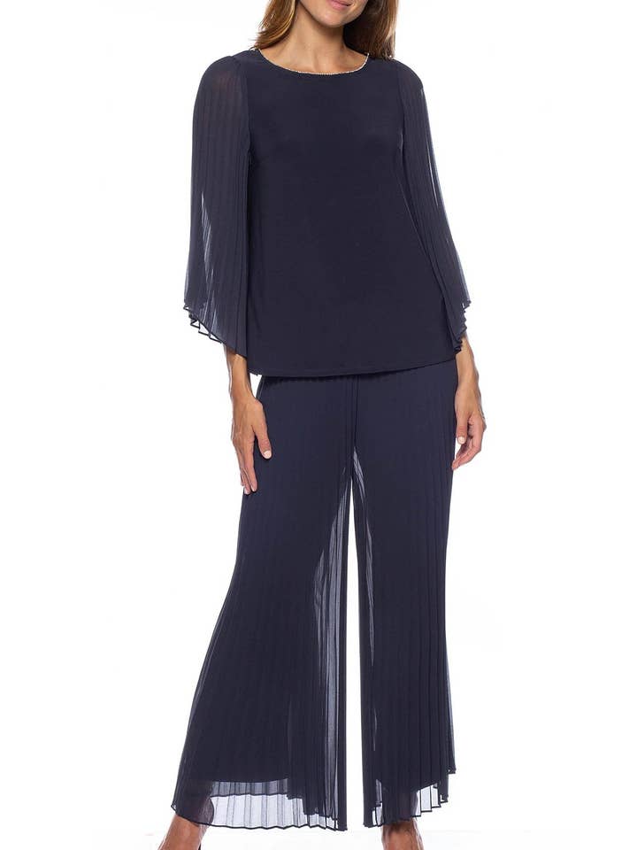 Marina Rundhals Plissiertes Chiffon Lang Illusion Flügelärmel 2-teiliger Hosenanzug für den Großhandel von Immediate Apparel