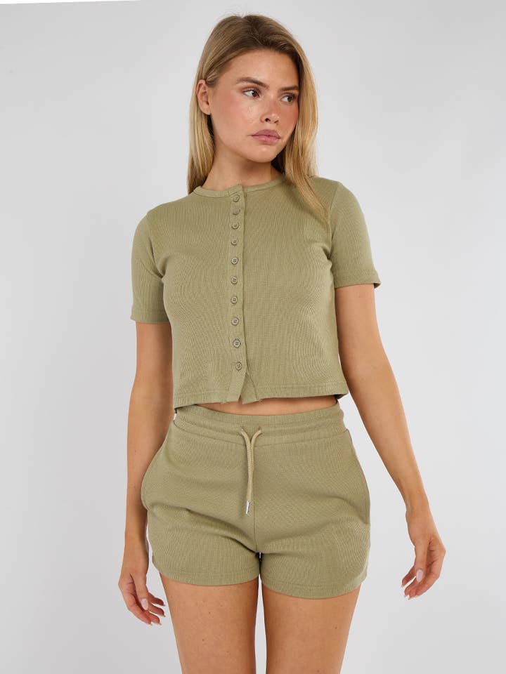 AX Labels - Wholesale Lounge Set - Women's - Ribbed Button Through Short Sleeve Top and Shorts Co-ord13