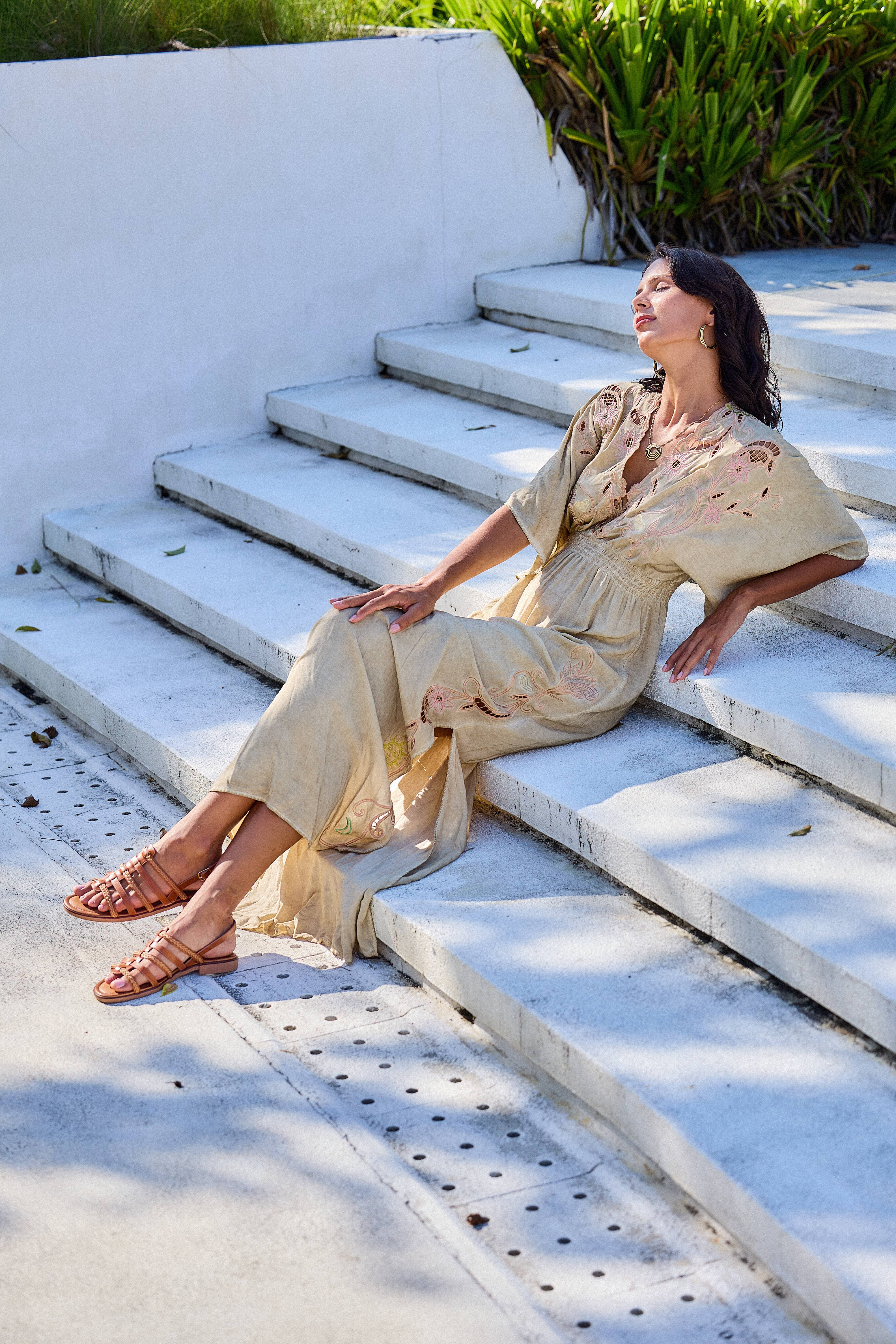 Beige Long symmetrical dress with openwork embroidery, flared cut for wholesale on Faire3