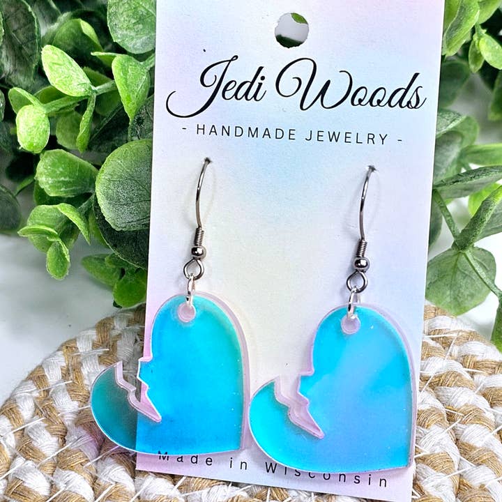 Jedi Woods LLC - Wholesale Dangle Earrings - Iridescent Broken Heart Earrings