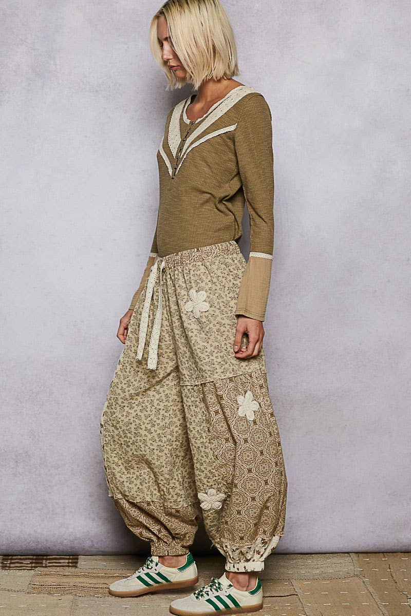 Pol Clothing - Wholesale Pants - Women's - Crochet patch detail contrast patchwork printed woven pants34