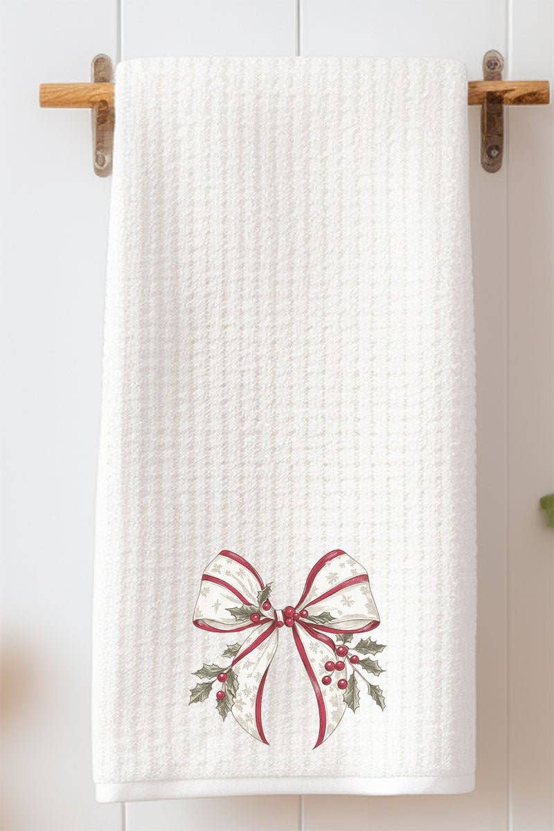 Wholesale Accessory Market - Wholesale Tea Towel - Mistletoe Moment Bow Waffle Kitchen Towel