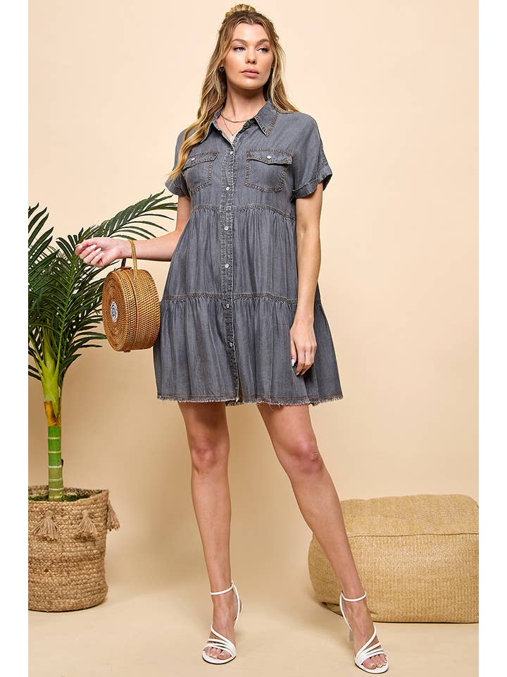 TIERED BUTTON DOWN DENIM DRESS for wholesale on Faire4