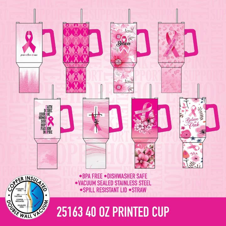Novelty Closeout - Wholesale Insulated Mug/Tumbler - Insulated Cup 40 oz PINK Awareness Assortment- 8/Pack