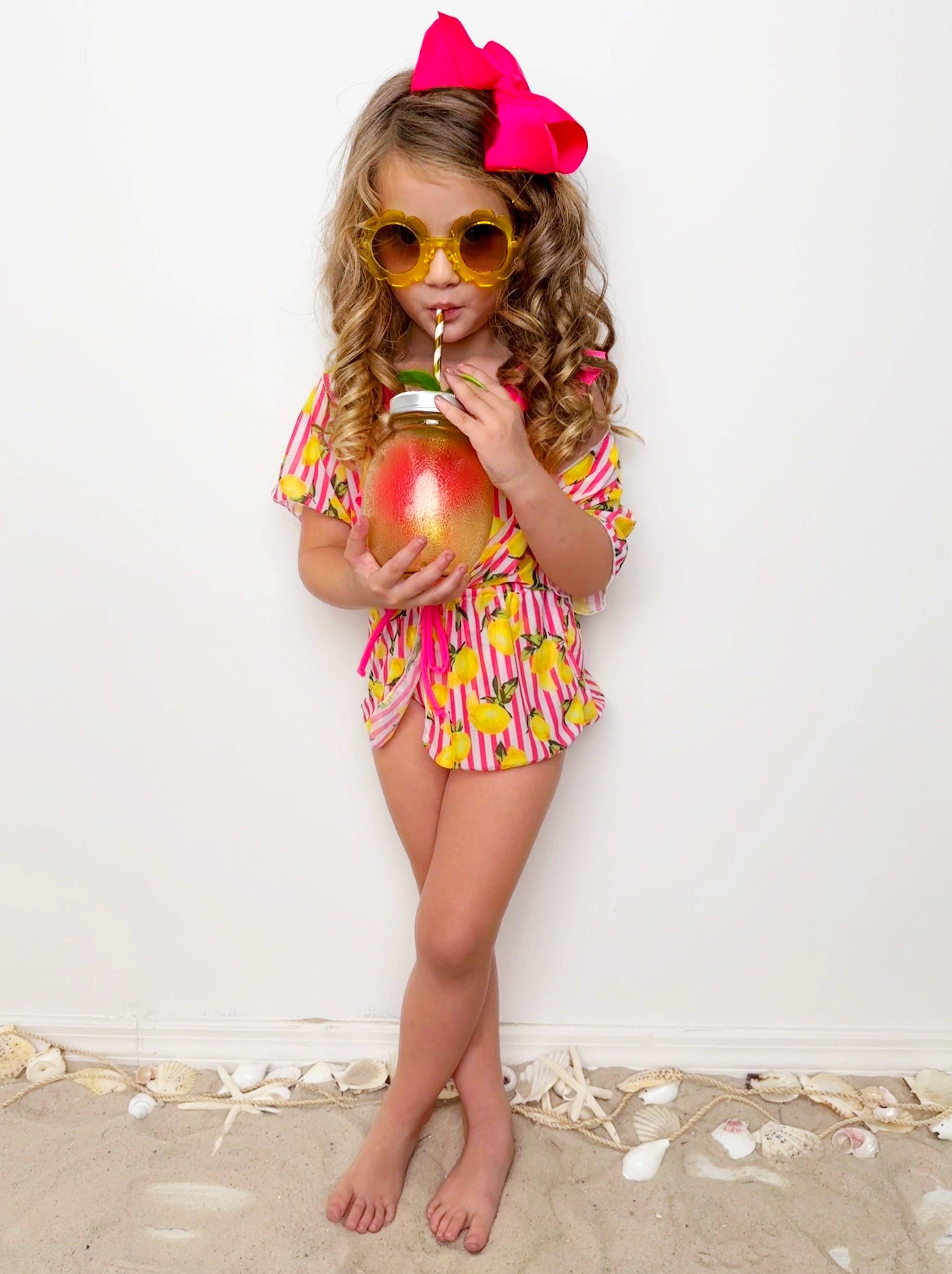 Pink Squeeze The Day Lemon Print Striped Swimsuit and Wrap for wholesale on Faire3
