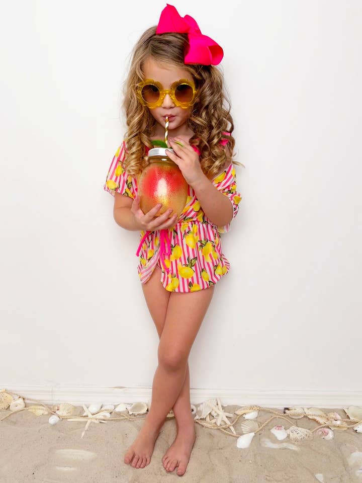 Pink Squeeze The Day Lemon Print Striped Swimsuit and Wrap for wholesale on Faire3