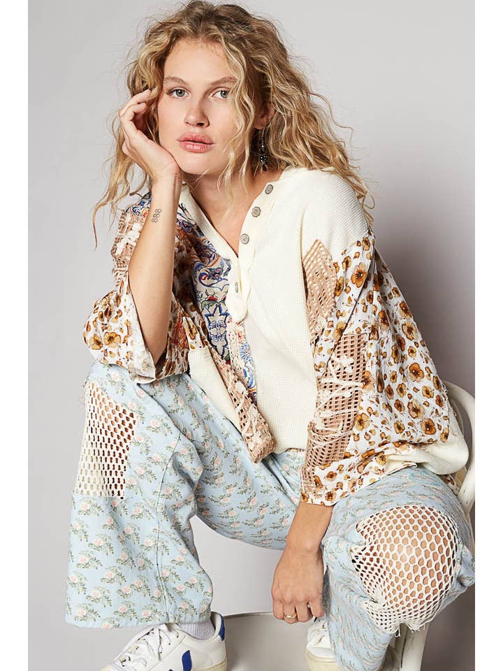 Pol Clothing - Wholesale Knit Top - Women's - Oversize long thermal crochet contrast patch top SALE