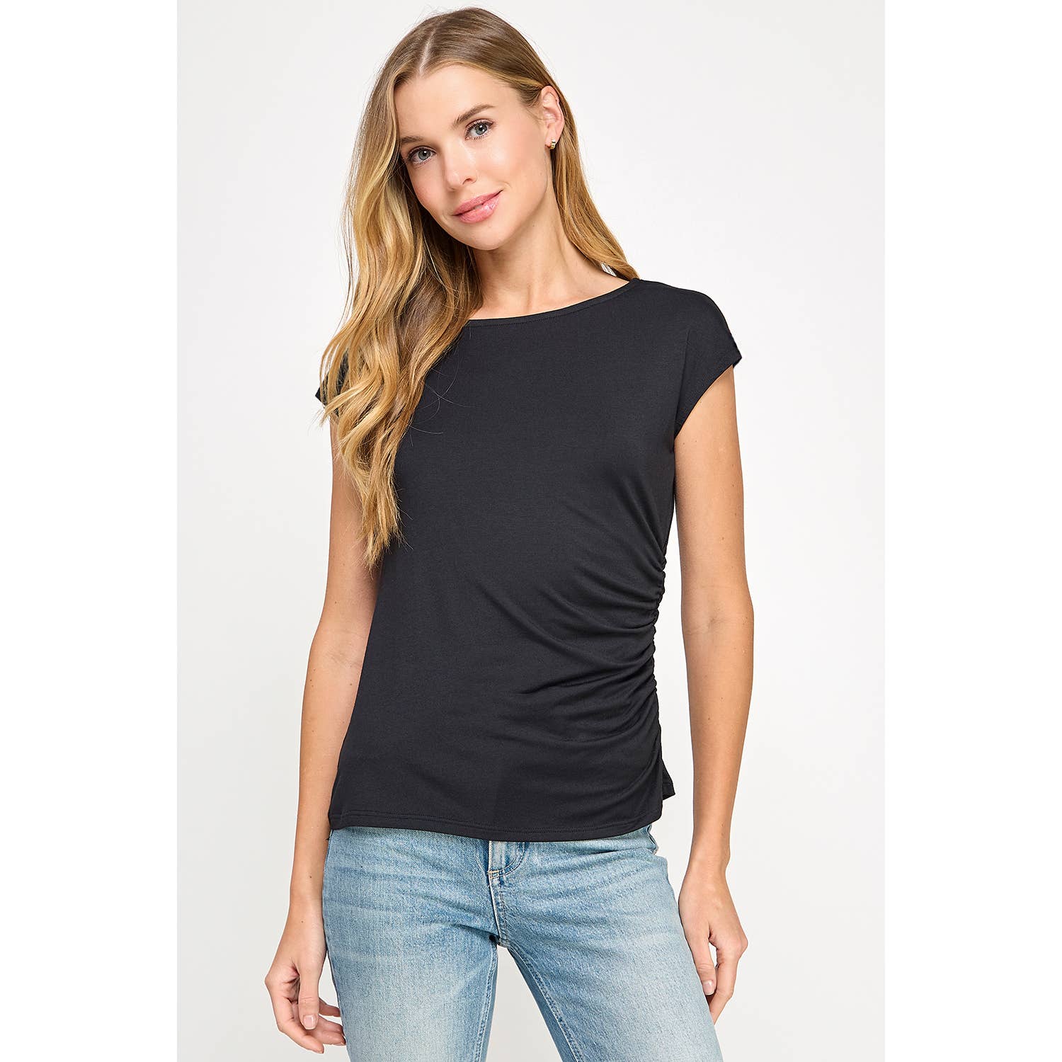 Heimious - Wholesale T-Shirt - Women's - One Side Ruched Cap Sleeve Top, T8432