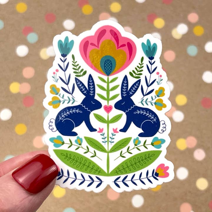 Scandi Folk Art Florals & Bunnies Sticker for wholesale by Beckamade