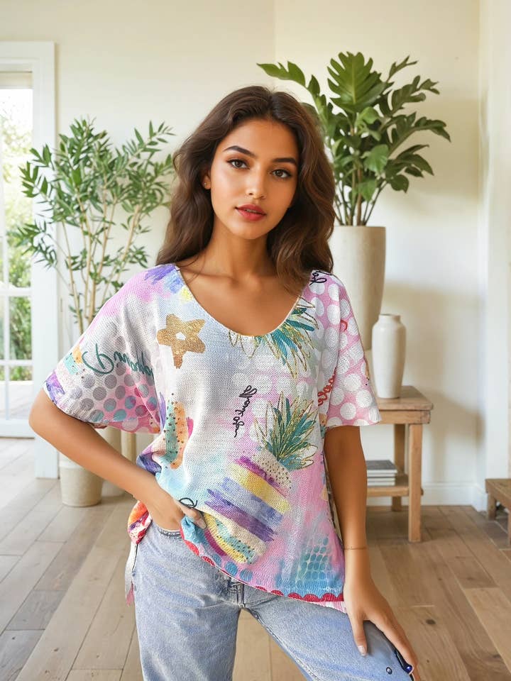 ZAFA PARIS maglia effetto maglia stampata con scollo a V e maniche corte per la vendita all'ingrosso da parte di ZAFA PARIS