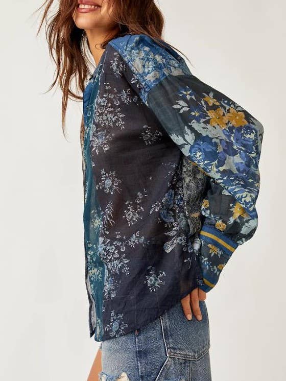 Rosa Clothing - Wholesale Button Down Shirt - Women's - Bohemia chic vibe Floral patchwork print button-up shirt1