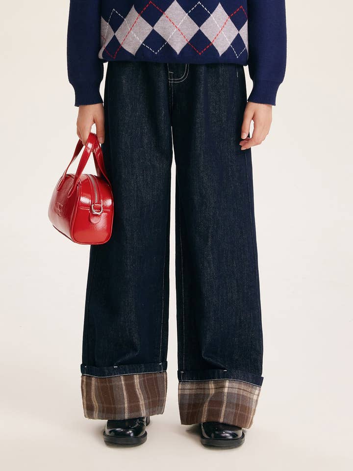 Blu Jeans a zampa casual a quadri per ragazze. in vendita all'ingrosso su Faire0