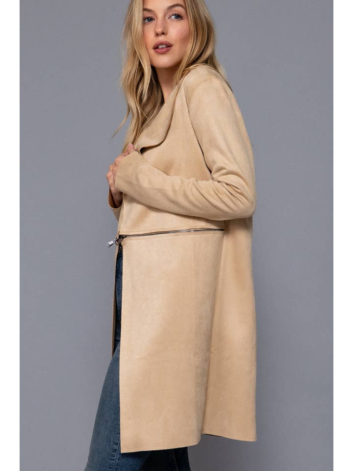 Active Basic | Active USA - Wholesale Jacket - Women's - Long Sleeve Front Two Zipper Detail Faux Suede Long Jacket