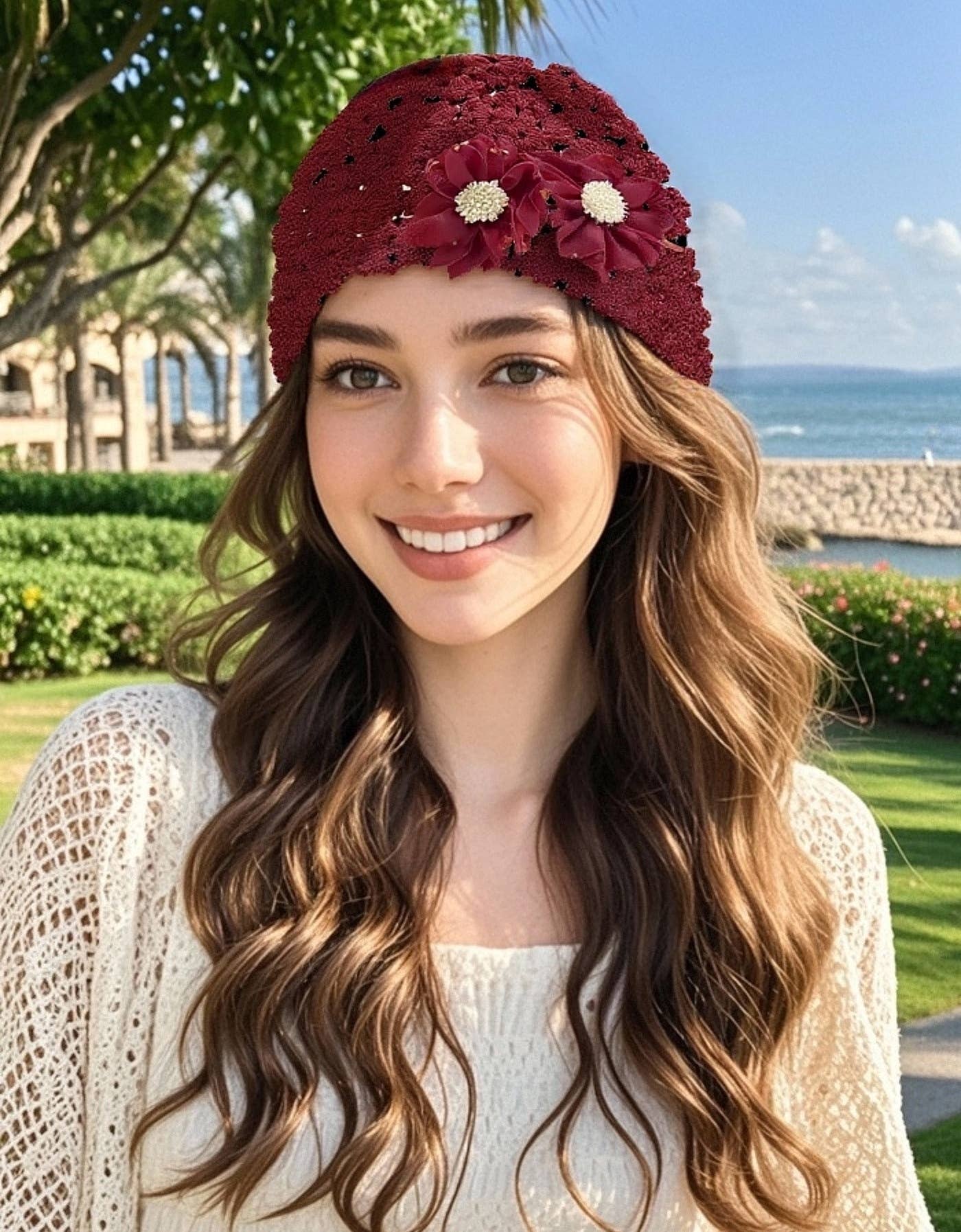 JC Sunny Fashion – wholesale Mössa - Dam – JCH903350 Boho Chic Virkad Hatt med Pärlor & Chiffongblommor2