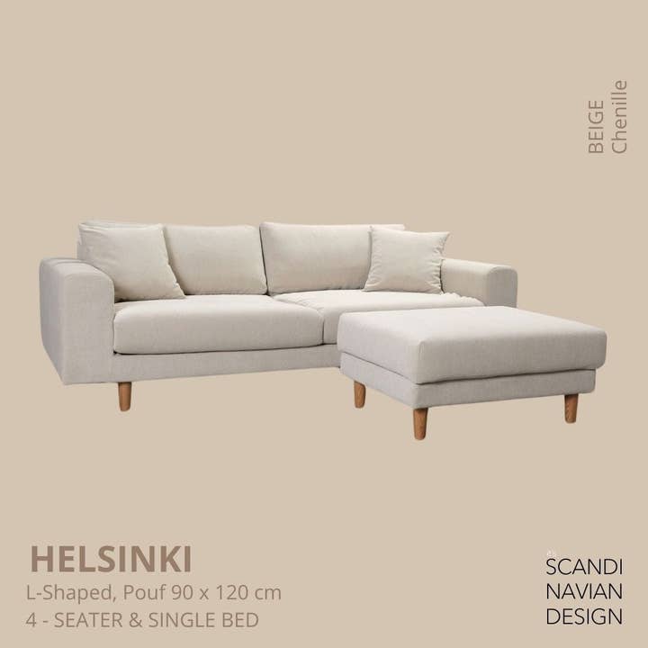 Divano letto singolo ad angolo Helsinki in chenille beige, sfoderabile e lavabile per la vendita all'ingrosso da parte di SCANDINAVIAN STORIES by MARTON