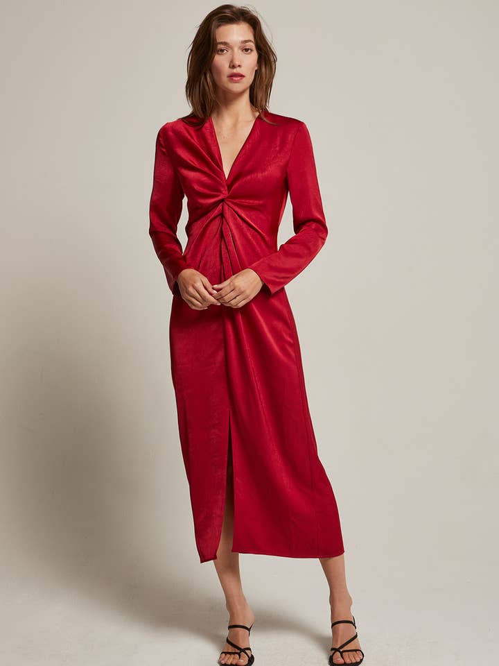 CD9230 - Monique Textured Satin Front Twist Midi Dress for wholesale by Crescent