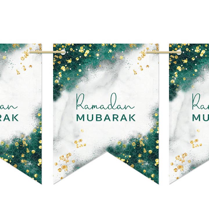 Ramadan Mubarak Bandiere in Smeraldo Verde & Oro - 10 Bandiere a Doppia Faccia - PEN 09 per la vendita all'ingrosso da parte di Islamic Moments