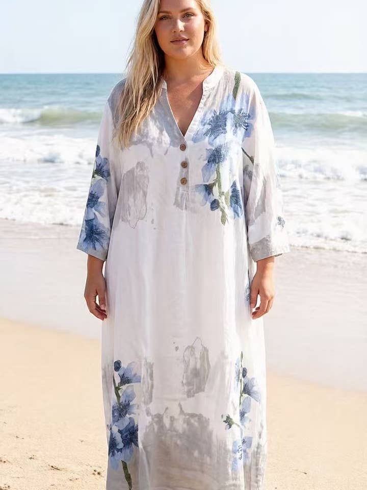 Lea & Luc - Grandes Tailles - Wholesale Jurk - Dames - Jurk met bloemenprint van 100% linnen REF. 72230