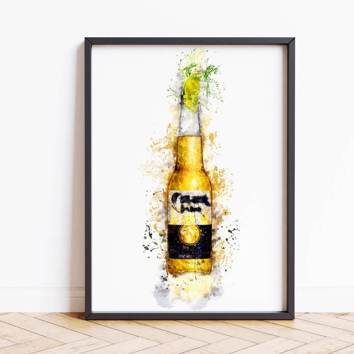 Watercolour Beer Bottle & Lime Paint Splash Print for wholesale by House of Binky