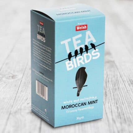 Welsh Tea Birds - 15 Moroccan Mint Pyramid Bags for wholesale by Welsh Brew Tea