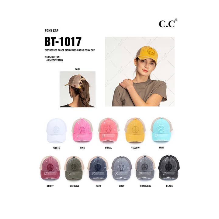 Hana - Wholesale Ponytail Cap - Women's - C.C Peace Sign Distressed Criss Cross Pony Cap