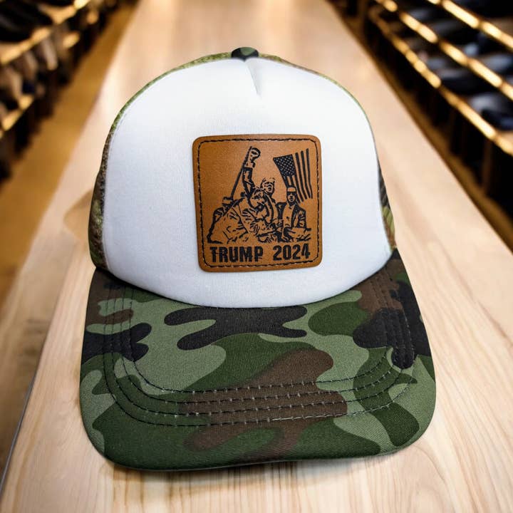 Trump with Fist Leather Patch Trucker Hat (Polyester Foam) for wholesale by 2A Solutions