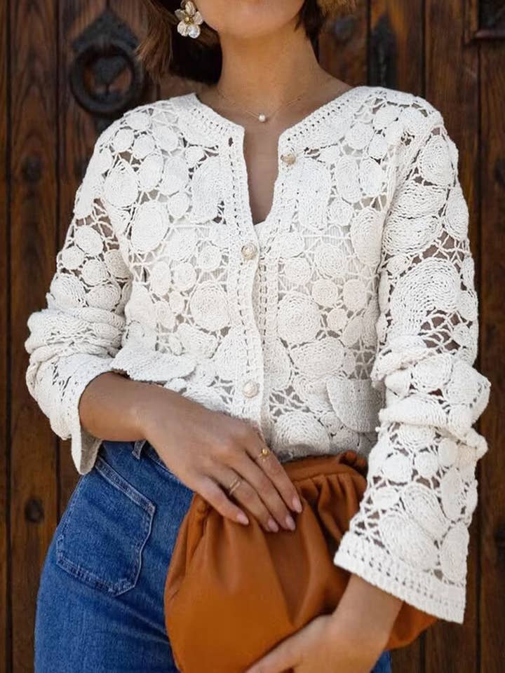 EmberLoom - Wholesale Cardigan - Women's - Crochet Cardigan with Button Detail7