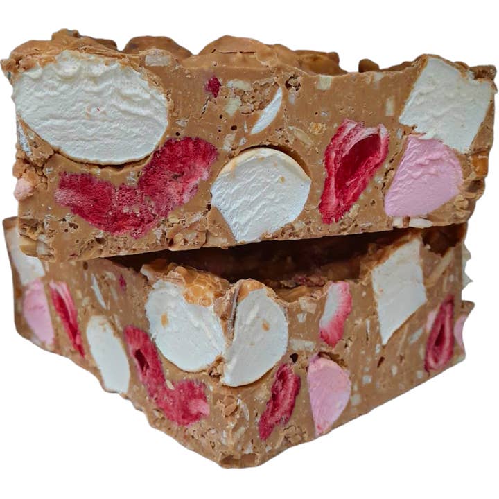 Rocky Road Strawberries and Almond Caramel Chocolate Block 500g for wholesale by Poppy's Chocolate