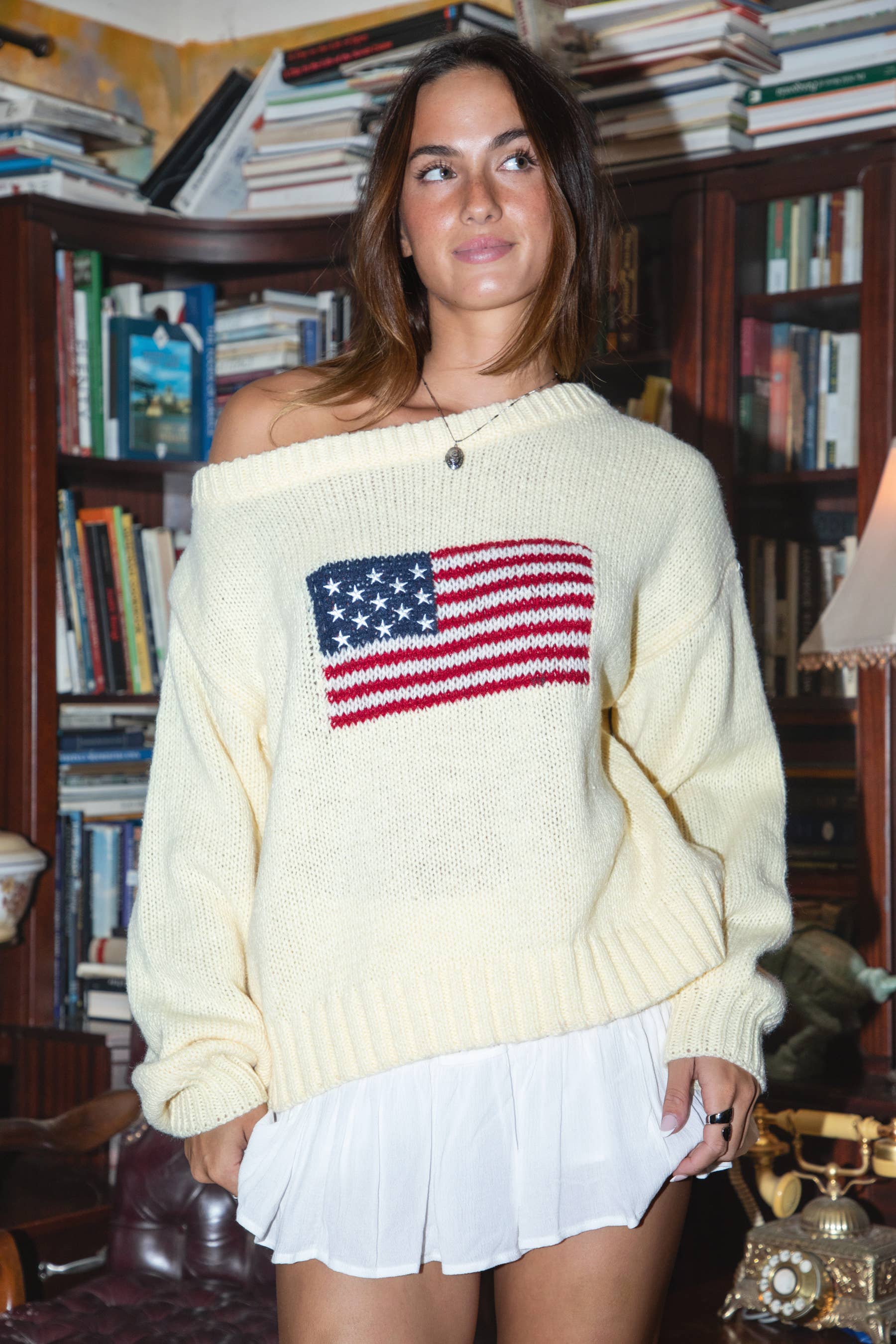 TICTOC - Wholesale Knit Sweater - Women's - BRANDI American Flag Knit Off The Shoulder Lounge Sweater21