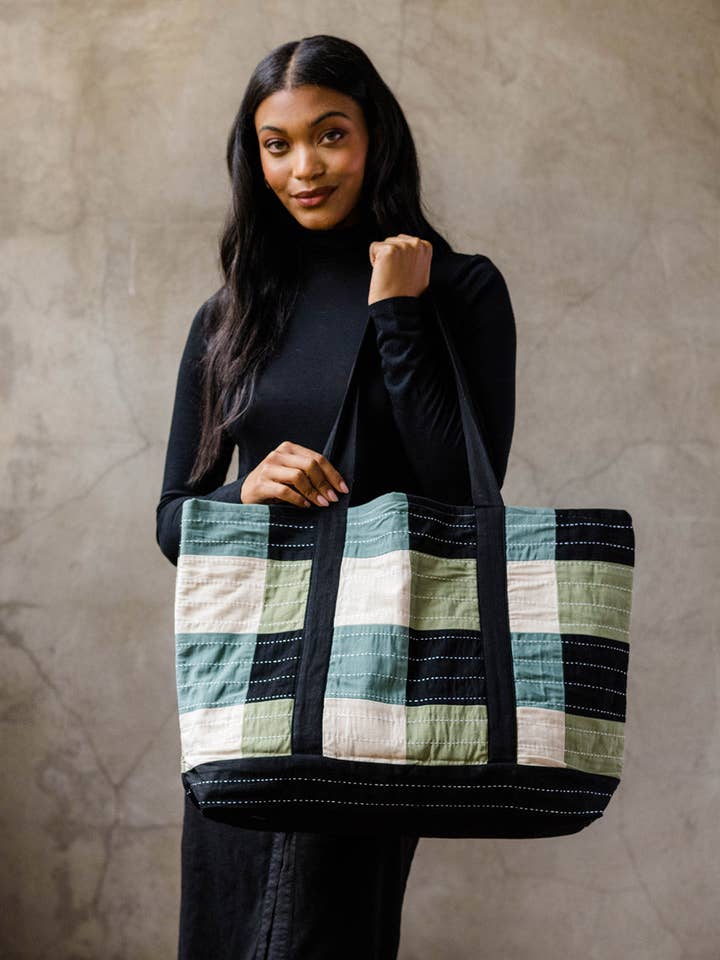 Rutig Canvas Tote Väska - Salvia för wholesale av Anchal