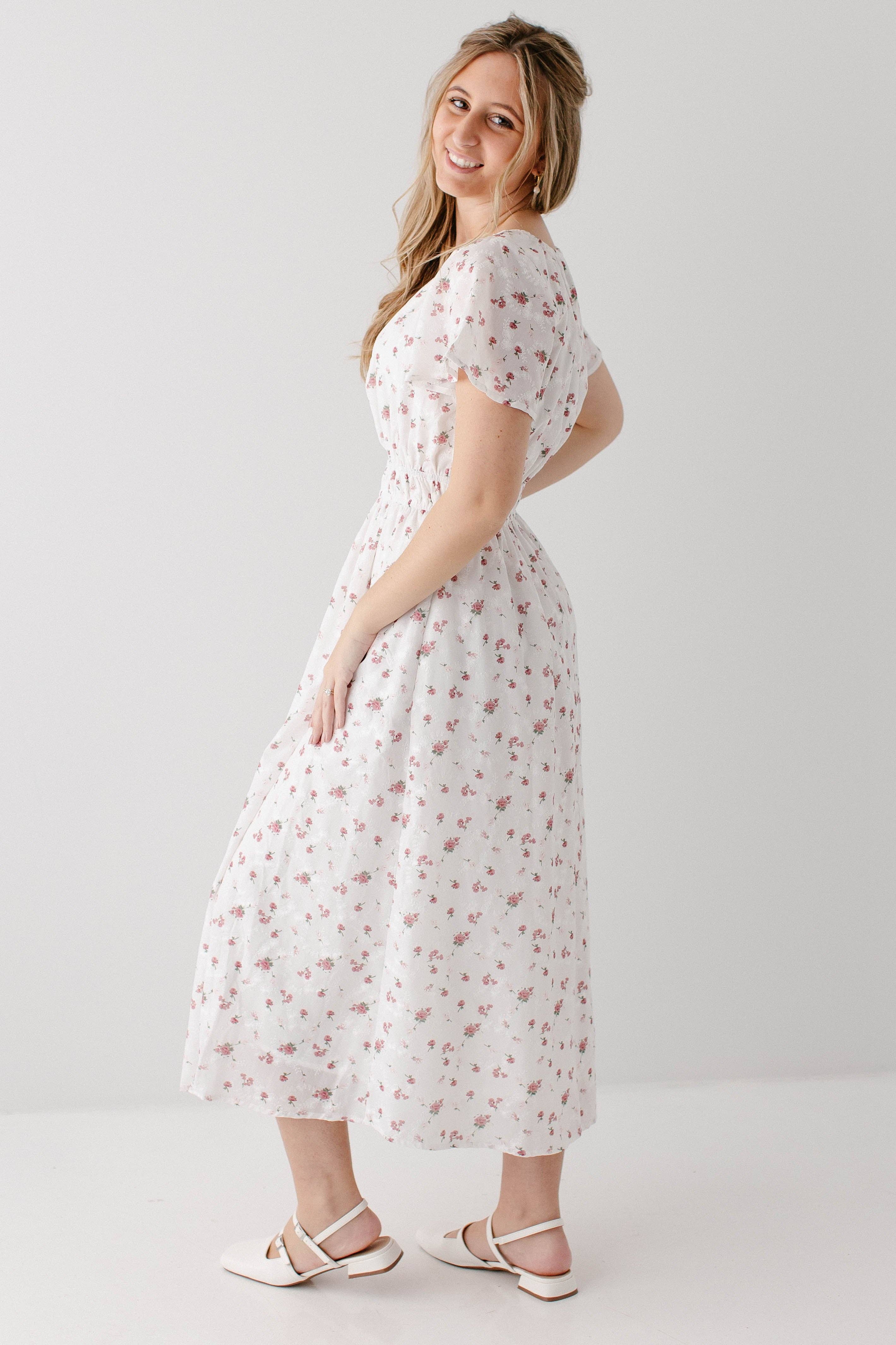 White 'Cynthia' Embroidered Floral Print Dress for wholesale on Faire3