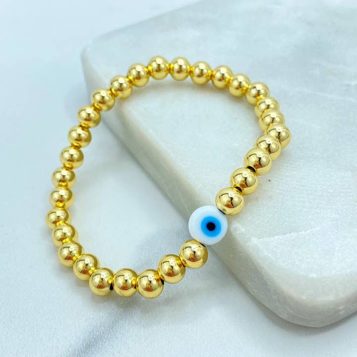 18k Gold Filled Evil Eye Beaded Bracelets, Stretch Protection Bracelets, Two Styles – Small & Medium Beads, Blue Eye Jewelry for wholesale by Luxus Accessories