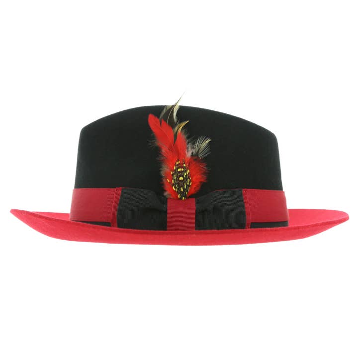 Puck Trilby Ferrecci Two Tone Black Crown & Red Brim Trilby Hat for wholesale by Ferrecci