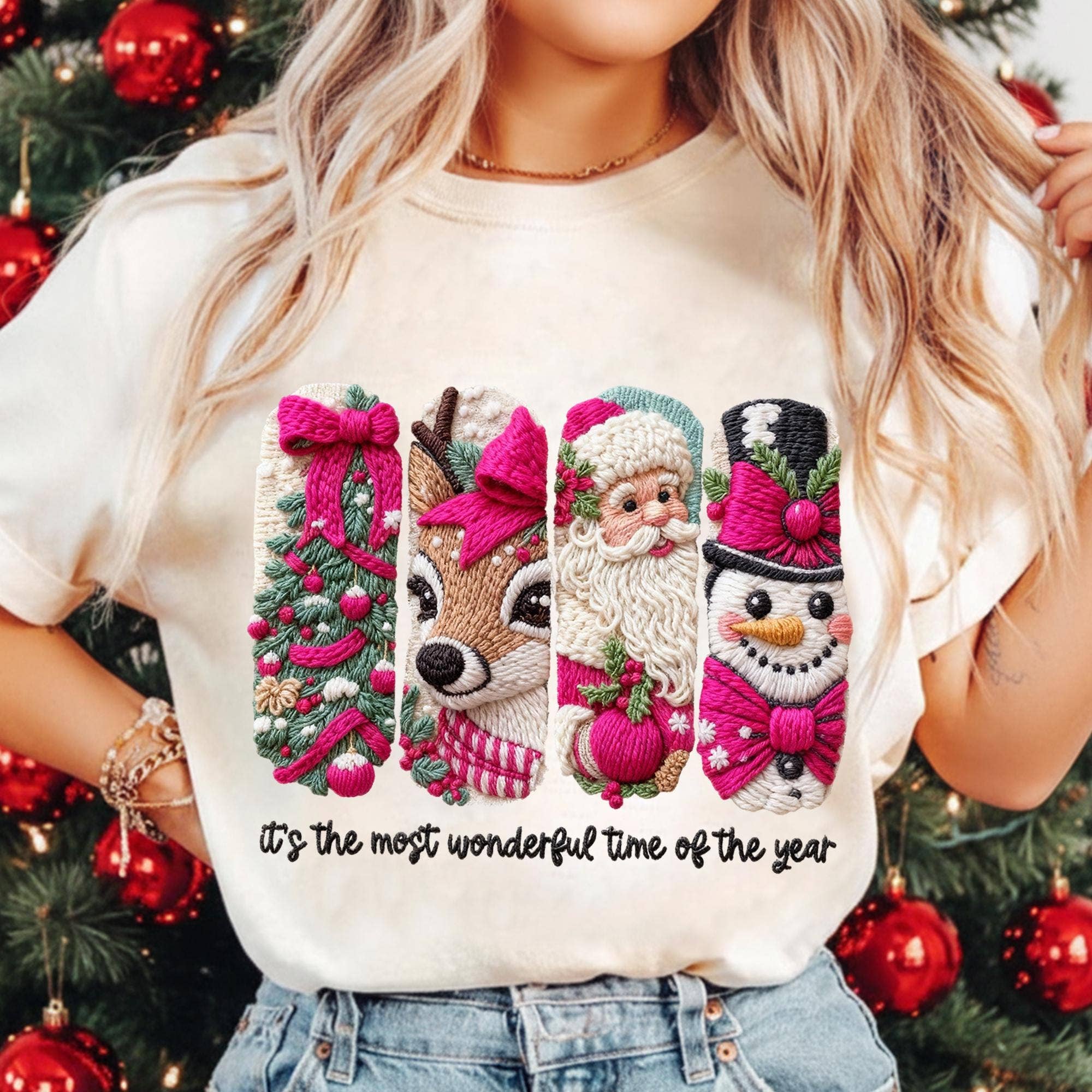 NVC Ecommerce LLC - Wholesale T-Shirt (Graphic) - Women's - Faux Yarn Crochet Merry Christmas Shirt, Xmas Tree Sweater5