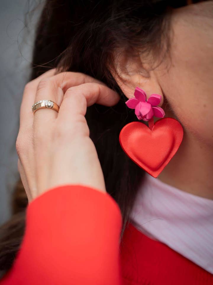 Leather earrings with large heart for wholesale by ATELIER GAUTHIER