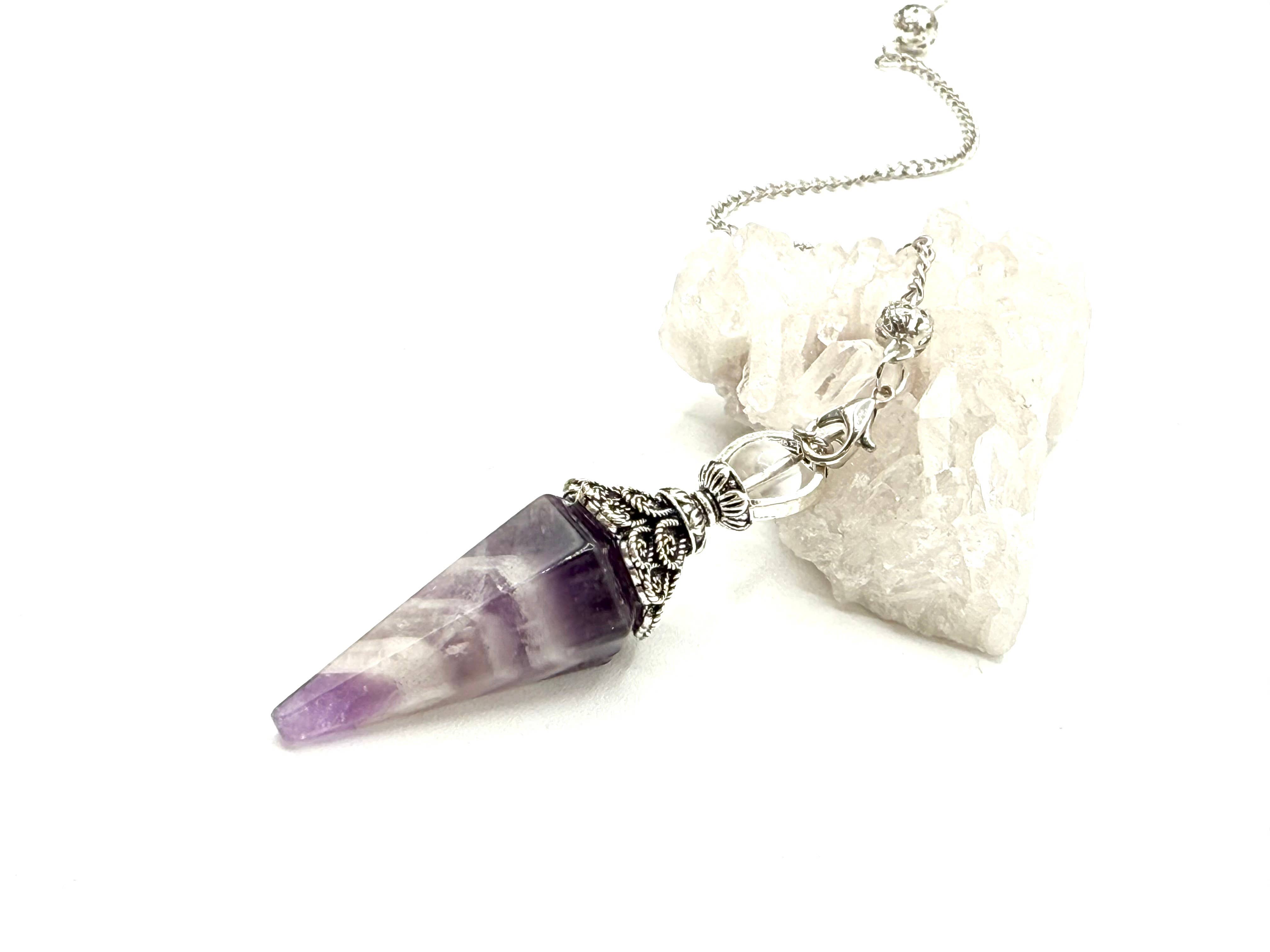 Meraki Gemstones - Wholesale Pendulum Board - Amethyst Double Cap Pendulum with Silver Plate Chain0