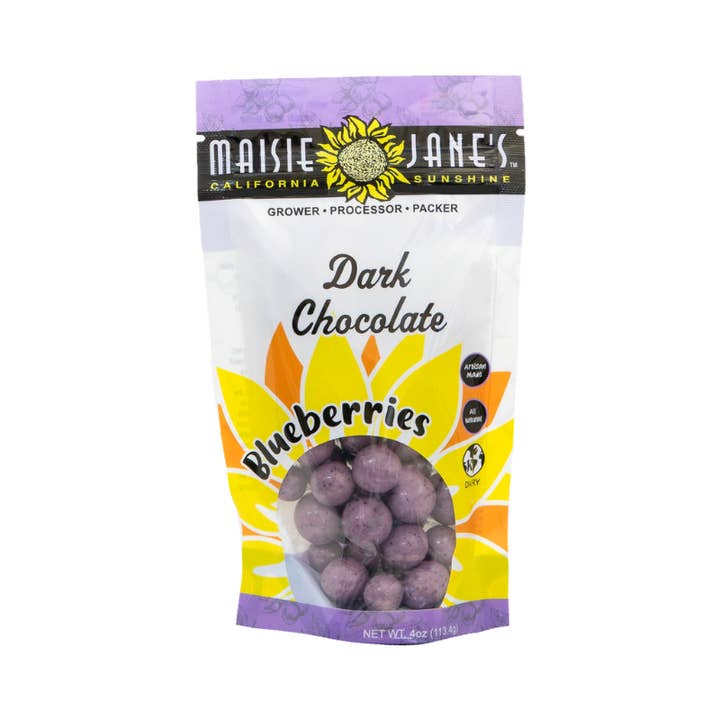 Maisie Jane’s - Wholesale Chocolate Covered Sweets - Dark Chocolate Blueberries 4 oz. - Reclosable Pouch3