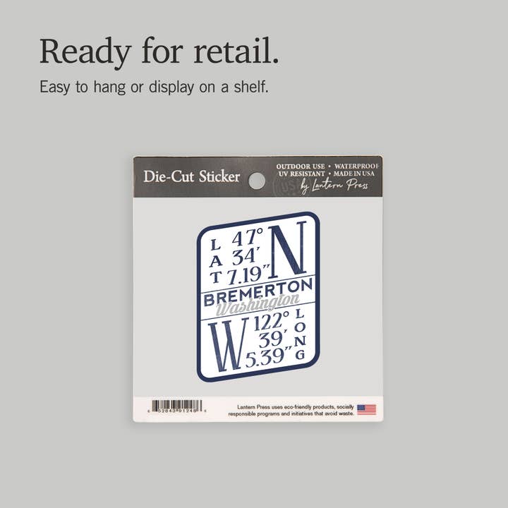 Lantern Press – wholesale Sticker – STICKER Bremerton, Washington, Latitude and Longitude (Blue)6