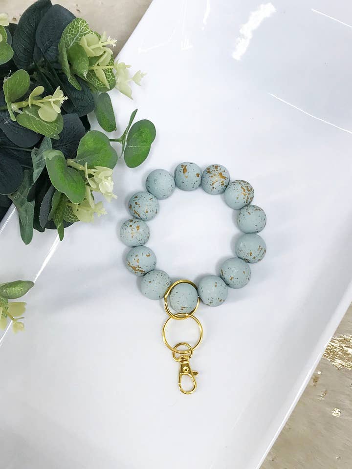 Hand Painted Turquoise & Gold Wood Bead Keychain - K407 for wholesale by Magnolia & Peach Jewelry Boutique, LLC