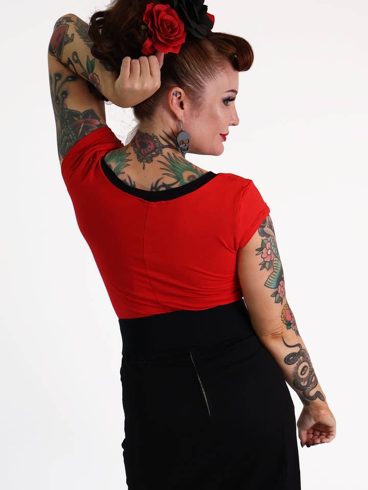 BONSAI KITTEN - Wholesale Screen printed t-shirt – Women′s - Red & Black Elvira Tee Shirt3